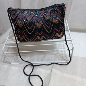 Vintage 1980's Elegant Multicolor Beaded Women's Bag/Clutch W/Strap
